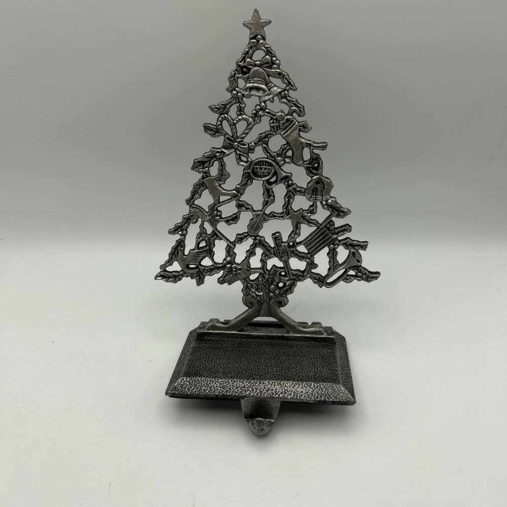 Vintage‎ CHRISTMAS TREE Pewter Metal Stocking Holder 6.5x4.5 - EUC